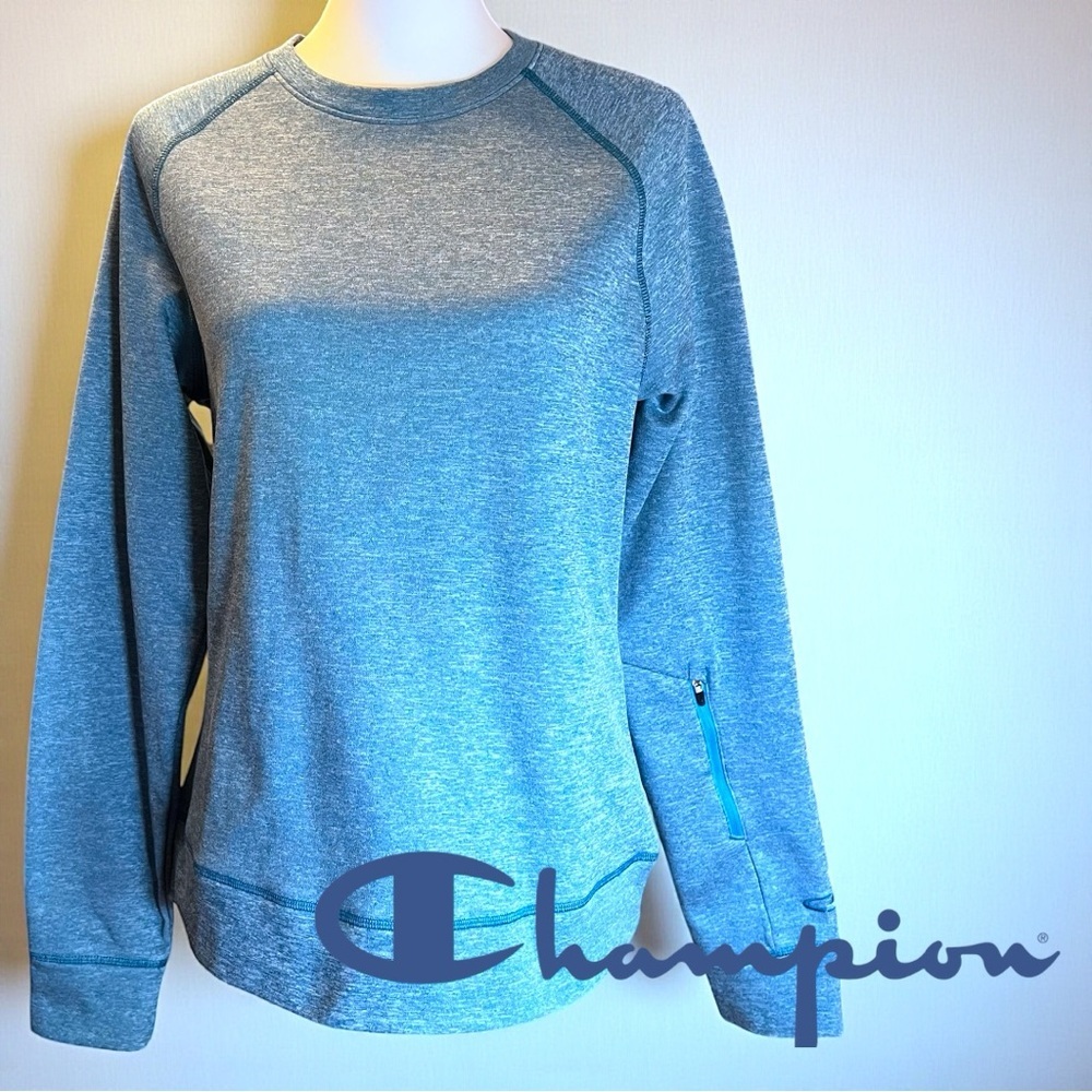 CHAMPION Duo Dry Dusty Teal & Gray Colorblock Raglan Pullover Sweatshirt
